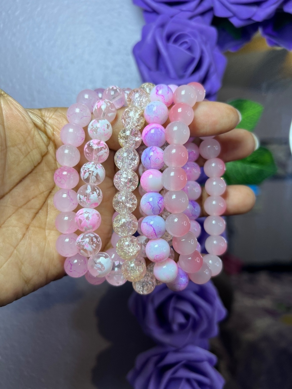 5pc Pink Glass Beaded Stretch Bracelet Bundle